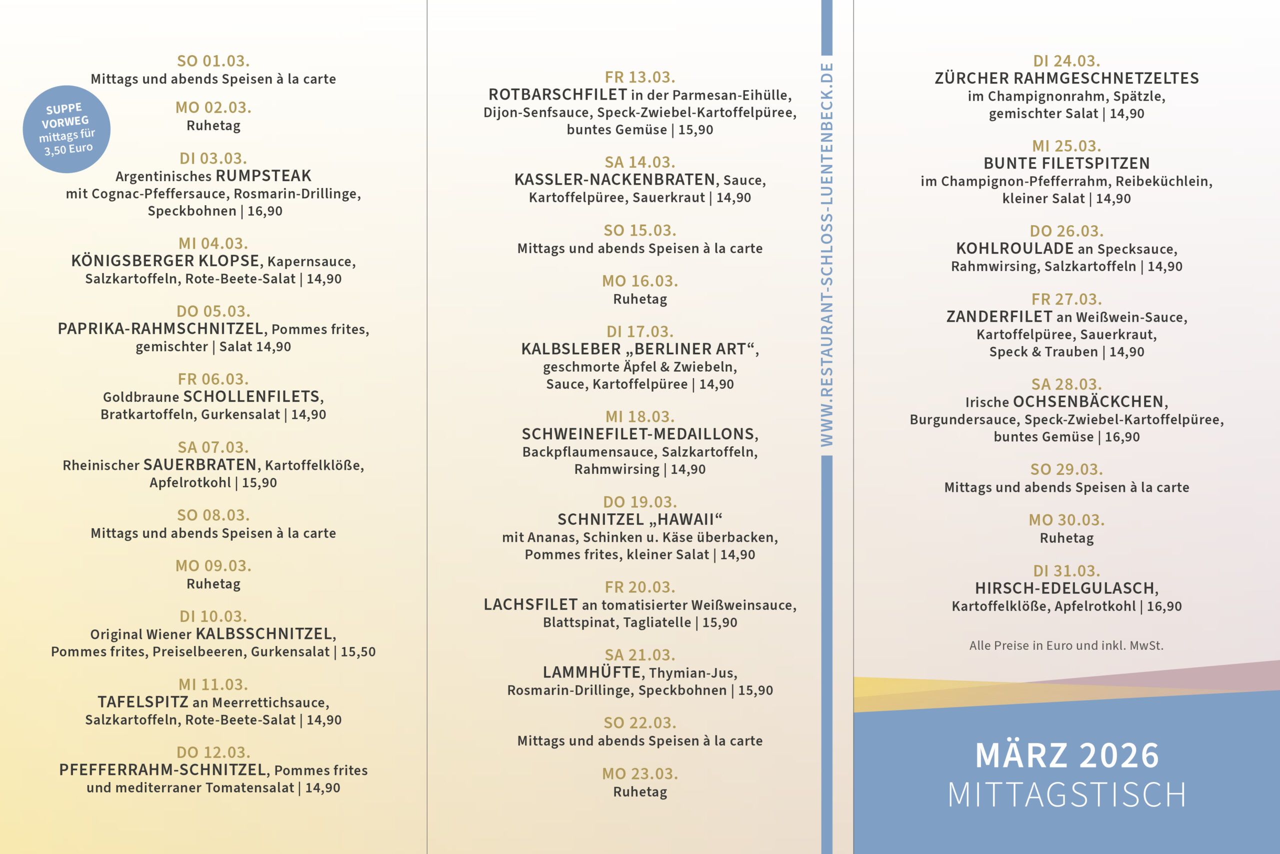 Karte vom Mittagstisch im Restaurant Schloss Lüntenbeck