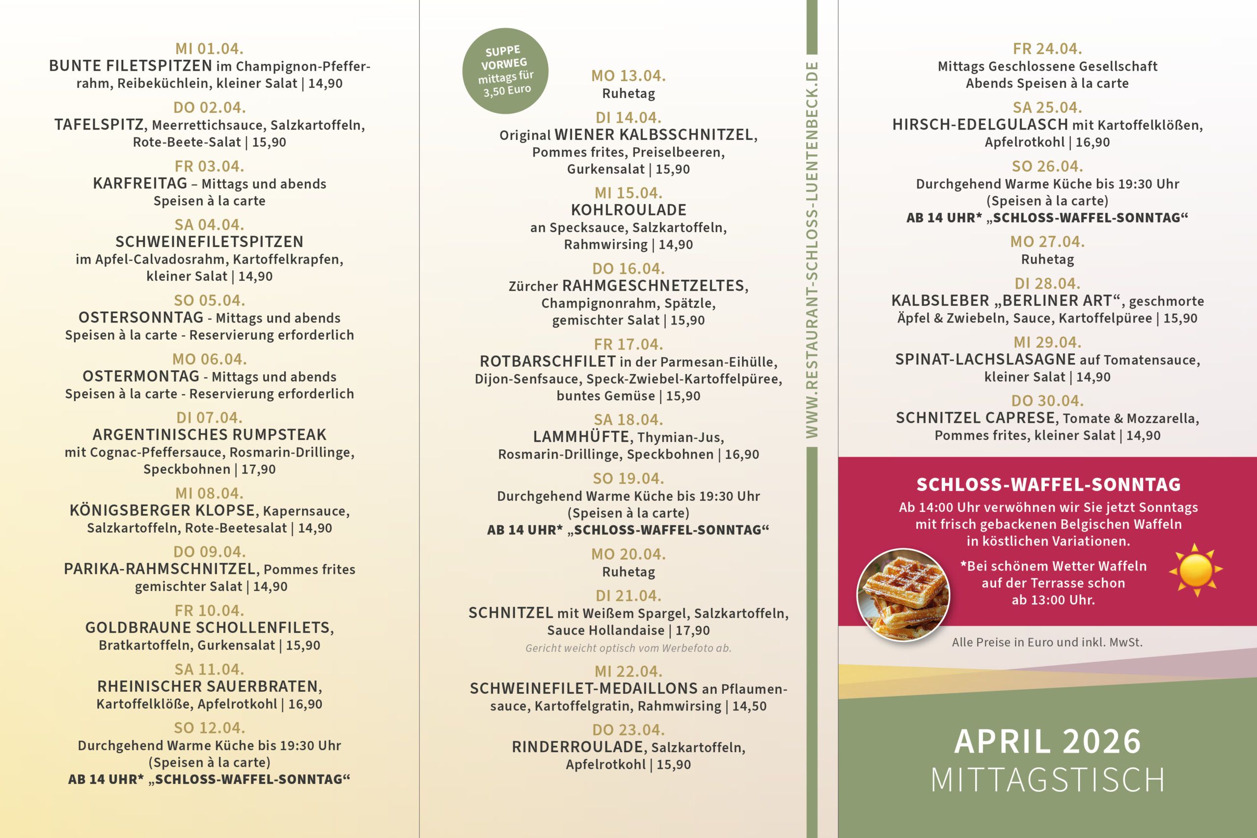 Karte vom Mittagstisch im Restaurant Schloss Lüntenbeck