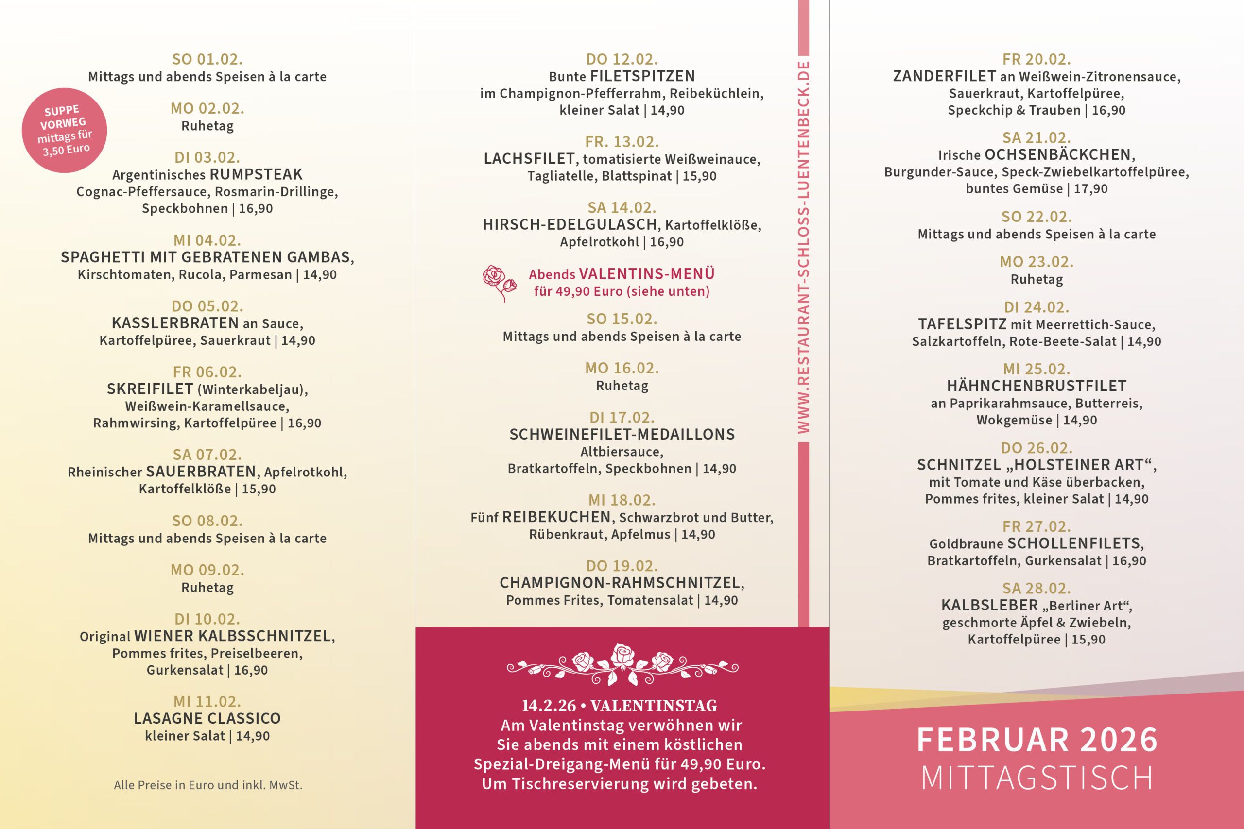Karte vom Mittagstisch im Restaurant Schloss Lüntenbeck