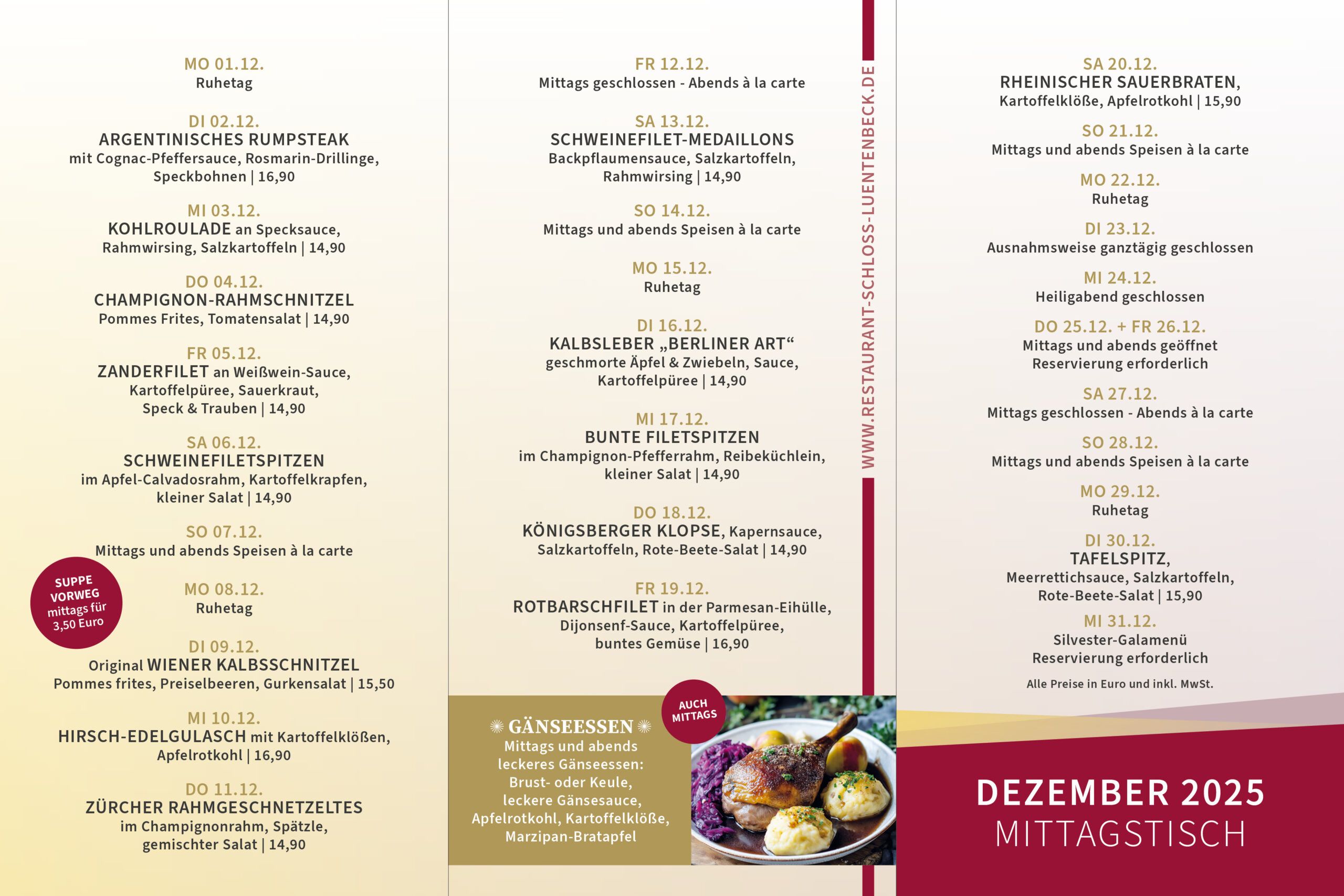 Karte vom Mittagstisch im Restaurant Schloss Lüntenbeck