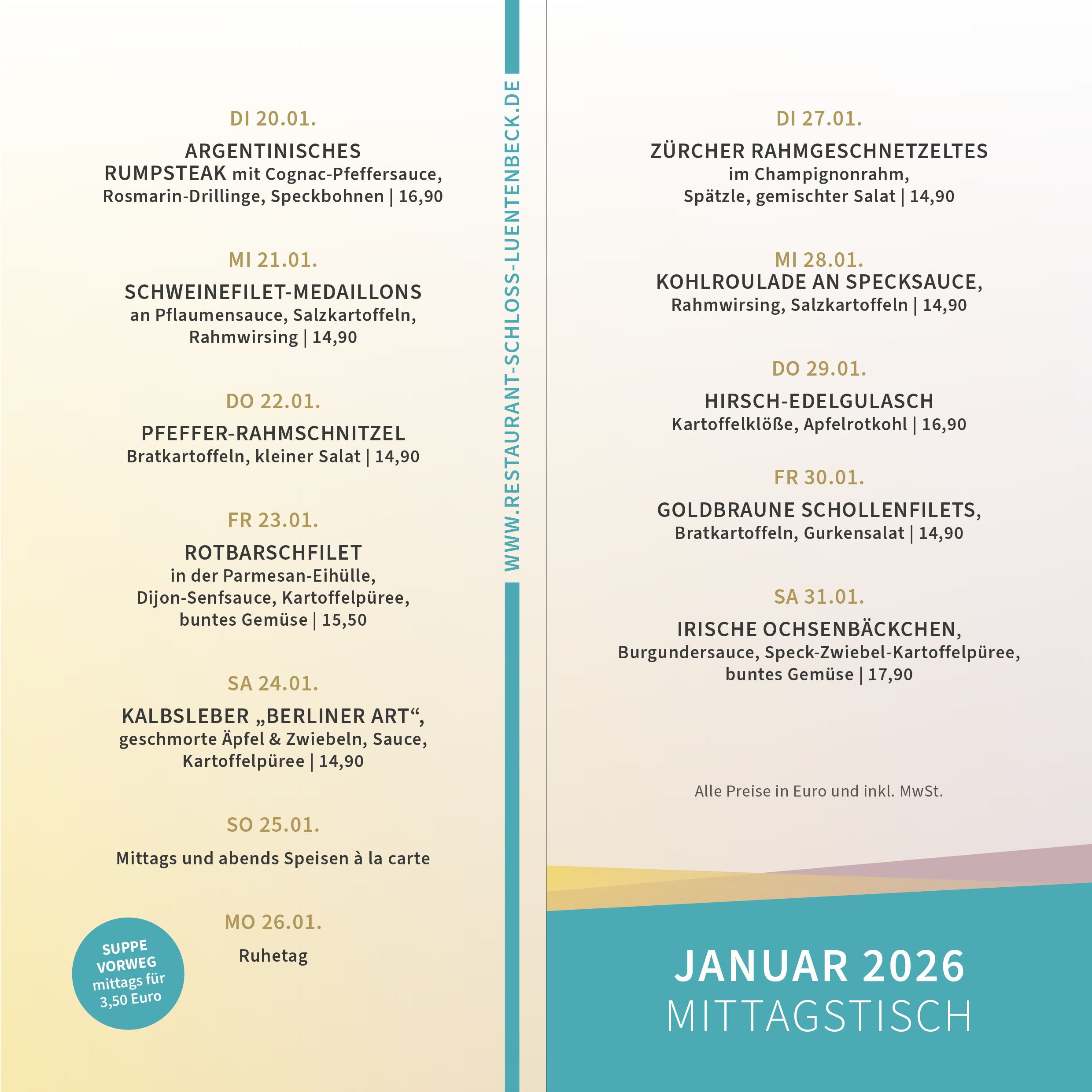 Karte vom Mittagstisch im Restaurant Schloss Lüntenbeck