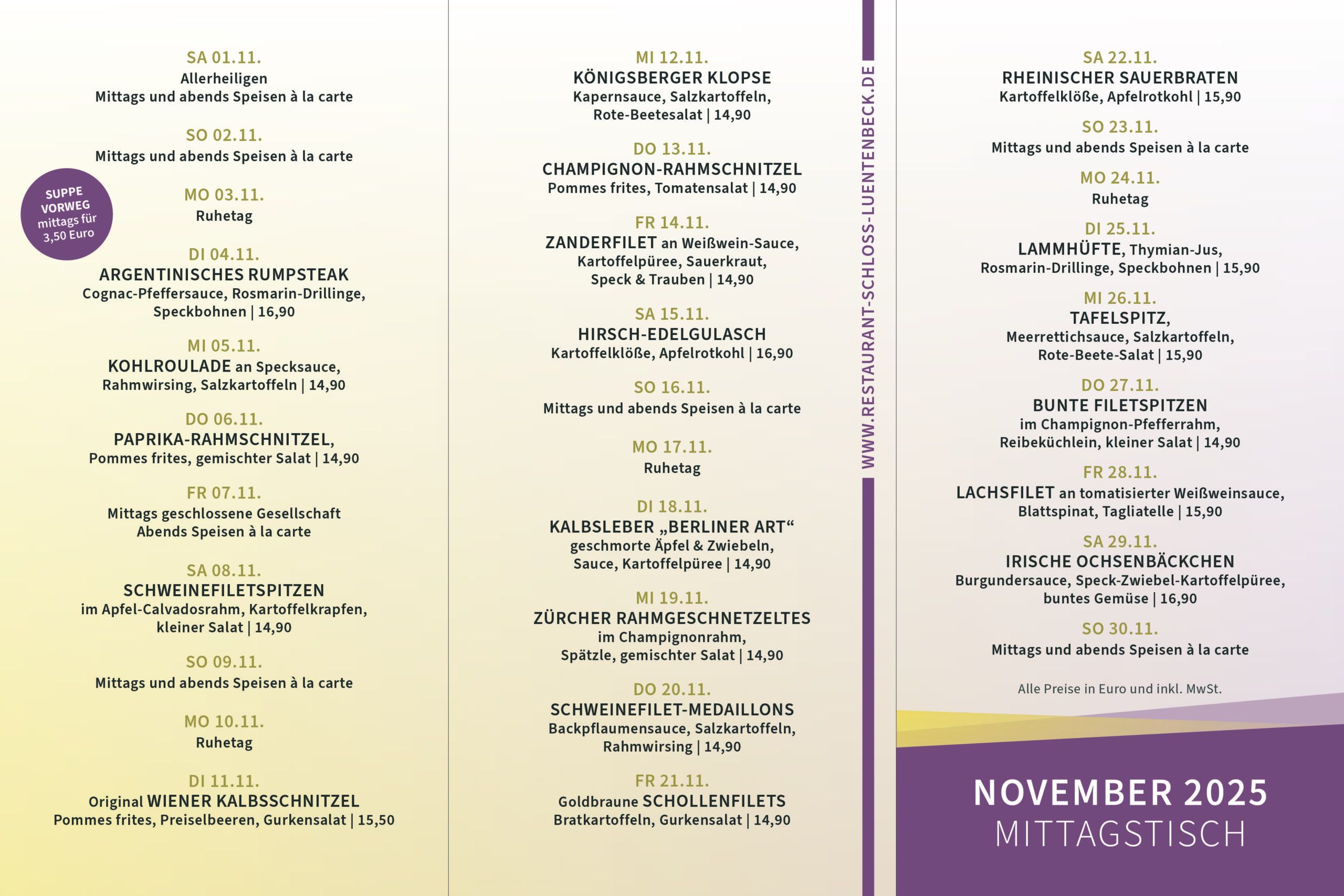 Karte vom Mittagstisch im Restaurant Schloss Lüntenbeck