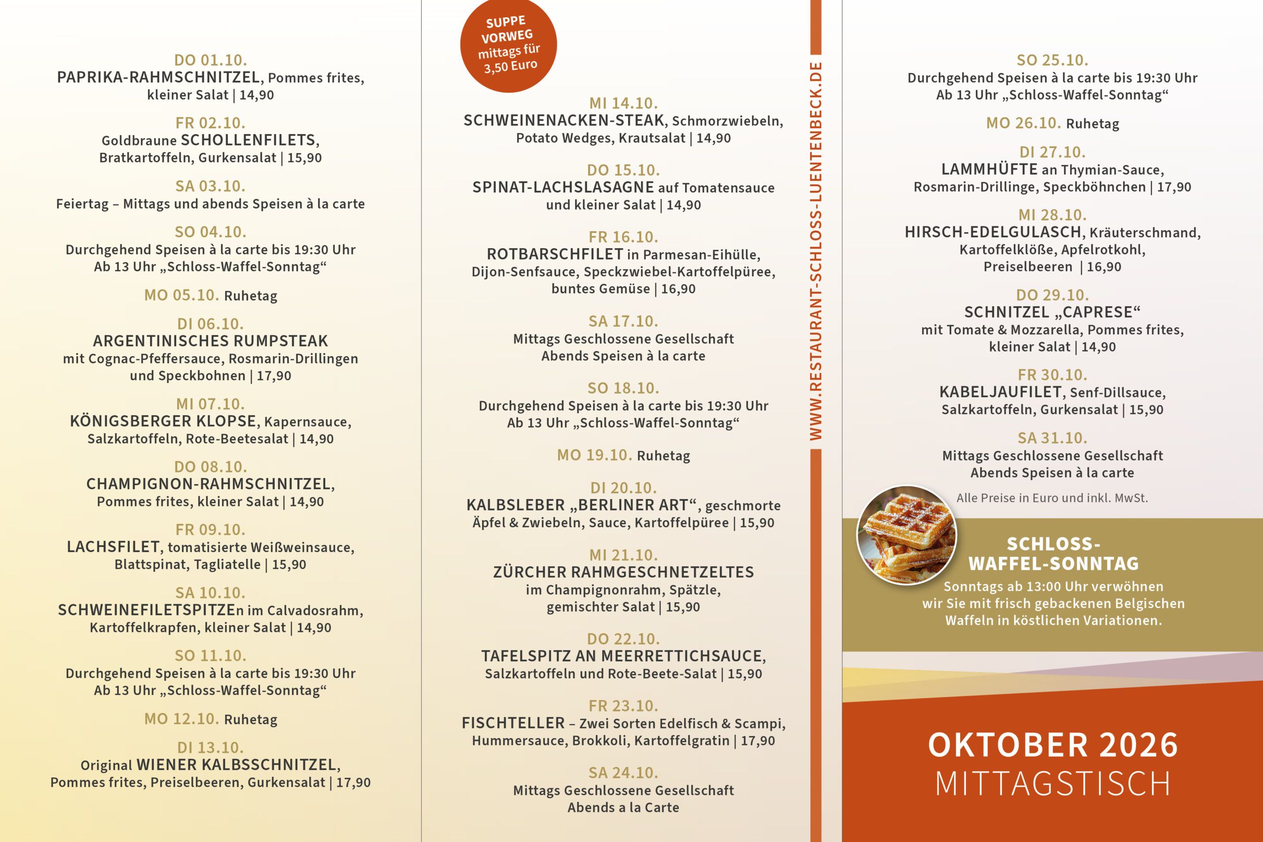Karte vom Mittagstisch im Restaurant Schloss Lüntenbeck